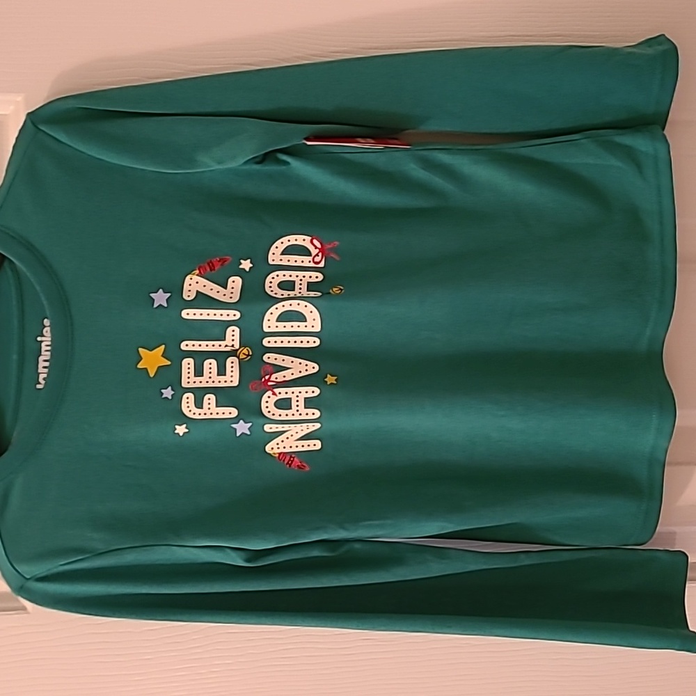 JAMMIES FOR FAMILIES BOYS GREEN "FELIZ NAVIDAD" HOLIDAY PAJAMA TOP SIZE 8